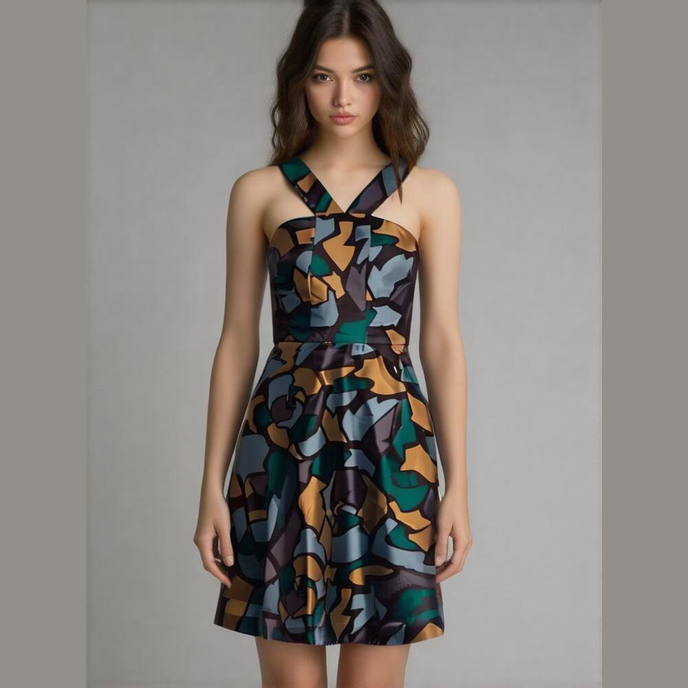 Ronny Kobo Pisella Green Silk Stained Glass Halter Fit & Flare Colorful Dress S